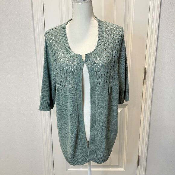 August Silk Women's Cardigan Sweater Size 1X Open Front Green Short Sleeves - Picture 1 of 11